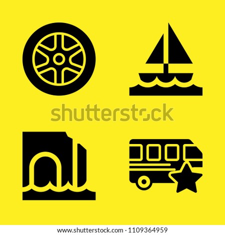 alloy wheel, sea cave, bus and sailboat vector icon set. Sample icons set for web and graphic design