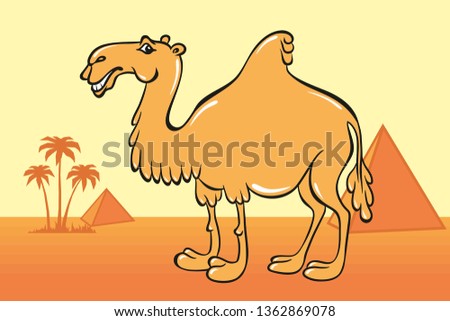 Cute camel cartoon on the background of desert, Egyptian pyramids and palm trees. Illustration.