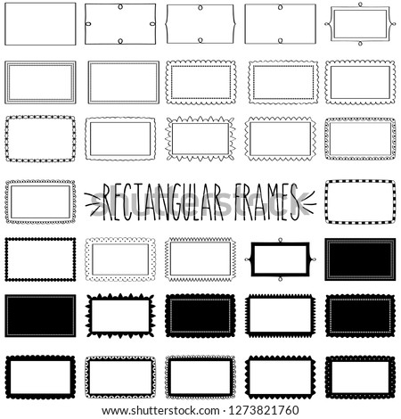 Elegant decorative rectangle shape blank frames black and white outline and silhouette, Single line wavy zigzag scallop border stickers, Classic clear greeting tag, Double, triple and dotted  labels