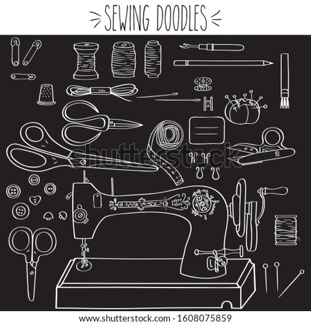 Sewing Doodles, Singer Machine, Needle, White Outline, freehand, Thread spools, Fabric Scissors, buttons, bobbins, chalk, pencil, measuring tape, thimble, safety pins, fashion, seamstress, tailoring