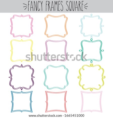 Fancy decorative blank square frames double line border colored outline label, Classic vintage curvy  doodle clear stickers, Pretty greeting tag Invitation, Retro empty logo