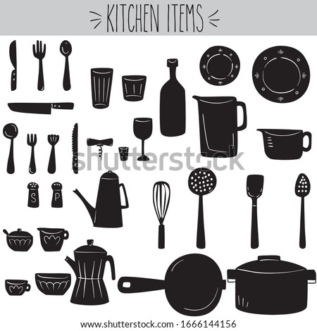 Freehand kitchen items black hape, Pots & pans, fork & knives, salt & pepper shaker illustration, Home culinary utensil sketch, Soup bowl, spoon & spatula drawing, Glass bottle, cup, plate, cook