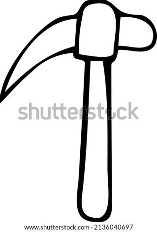 Hammer, pickaxe, tool. Black and white vector illustration, hand-drawn. Isolated object on a white background. Clipart, template, sketch.