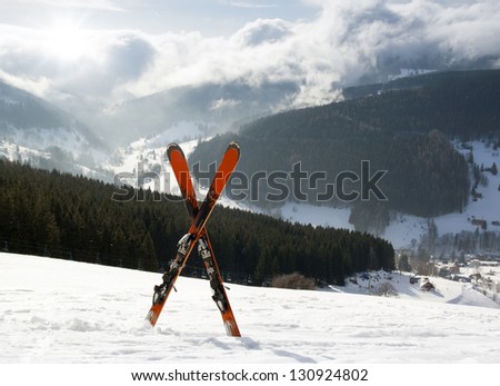 Pair of cross skis in snow, Czech High Mountains