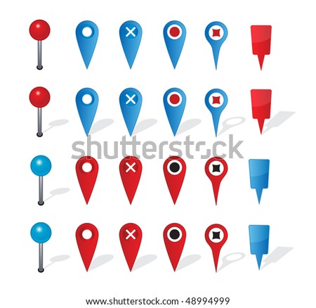 Group of map navigation icons and pin on white background