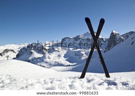 Pair of cross skis in snow,Highmountains