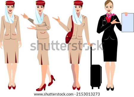 United Arab Emirates airlines flight attendants in uniform Set of characters in various poses Vector