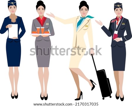 Stewardess beautiful korean airlines characters  Various mascots in action poses  Vector