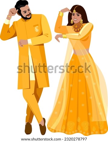 Indian couple dancing the first dance at their wedding on the newlyweds elegant wedding suits Groom in yellow gold suit bride in golden color sari with floral pattern Vector