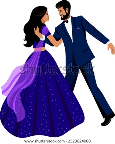 Indian wedding couple dancing the first dance at their wedding Groom in dark suit with bow tie Bride in dark blue sequined wedding dress Vector