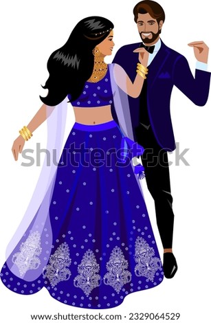 Indian wedding couple in dark blue wedding suits dancing the first dance of the bride and groom  Vector