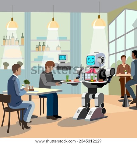 Full-length cartoon robot waiter in a cafe A cute robot holds two trays of food for cafe visitors People are sitting at the tables  Robot waiter serves them Vector