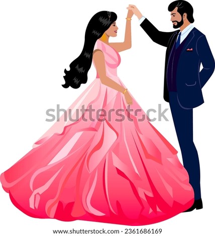 Indian wedding couple dancing the first dance Groom in a dark blue suit Bride in a beautiful wedding pink airy dress Vector