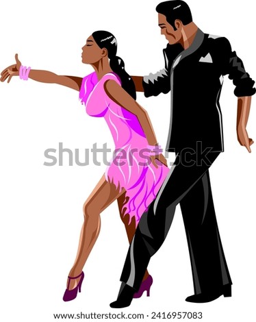 Beautiful Latin American couple dancing cha cha cha Girl in a bright pink dress partner in a dark classic suit Vector