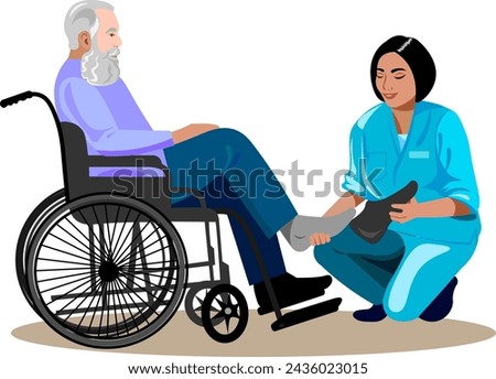 Elderly care worker carefully puts on patient's shoes  Elderly man sits in wheelchair  Care worker holds patient's shoes Vector