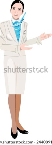 A beautiful Korean flight attendant points with her hand at an advertisement  A girl stewardess in a Korean airlines uniform stands full length Vector