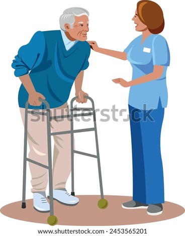 Nurse talking to an elderly man with a walker for the elderly old man goes for a walk Vector