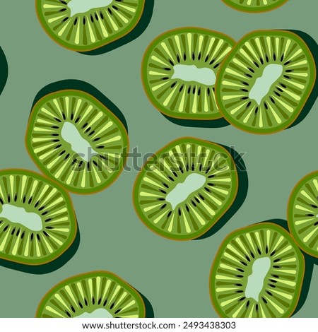 Seamless pattern of green exotic kiwi fruit in a cut in pastel colors Appetizing kiwi on a light green background suitable for fabric and wrapping paper Vector