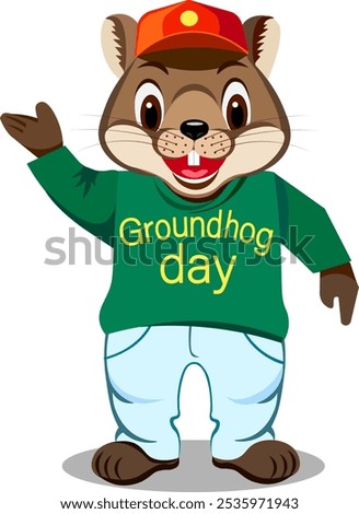 Cute cartoon groundhog stands at full height, shows his hand, animal in sportswear with the inscription Groundhog Day and in a cap Vector