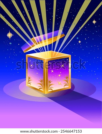 Magic box New Year's gift in a three-quarter turn with an open lid and a bright light from inside the box against the background of a fantastic sky Vector