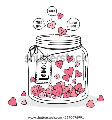 Vector illustration of a jar filled with hearts. Hearts flying out of the jar. Illustration for Valentine's Day.