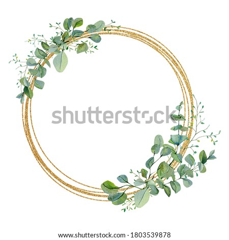 Watercolor wreath green floral with eucalyptus greenery leaves on golden frame. Baby nursery decor, greenery baby shower, wedding card, greenery invintation card .