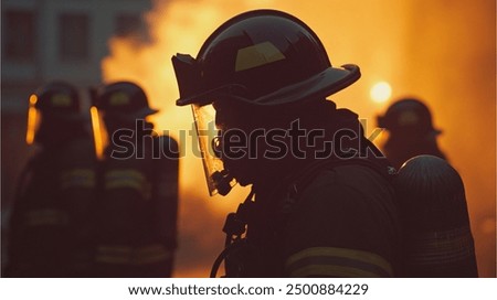 Foto Bild Silhouette eines Feuerwehrmannes, der vor den Blicken einer Menschenmenge kämpft, um ein tobendes Feuer einzudämmen