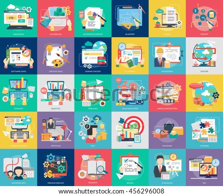 Creative Process Conceptual Design | Set of great flat icons with style long shadow icon and use for Business, Creative Idea, Concept, Marketing and much more