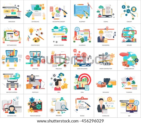 Creative Process Conceptual Design | Set of great flat icons with style long shadow icon and use for Business, Creative Idea, Concept, Marketing and much more