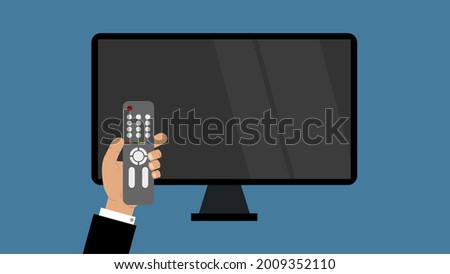 Television screen and remote controller, businessman holding remote controller in front of a TV, blue background.