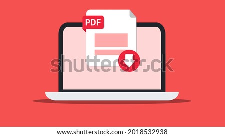 Portable Document Format, PDF file icon download to laptop, computer. Document downloading concept. File with PDF label and down arrow sign represents downloading. Vector illustration. Red background.