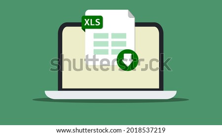 Excel, XLS file icon download to laptop, computer. Document downloading concept. File with XLS label and down arrow sign represents downloading. Vector illustration. Green background.