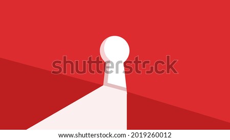 Bright light shining through a keyhole door with red wall background. Key solution, idea, business, chance, opportunity, success, access, entrance for new business concepts.