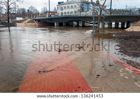 Urban river embankment submerged by flood