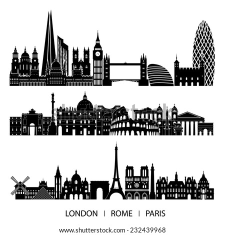 city set (London, Paris, Rome). Vector illustration.
