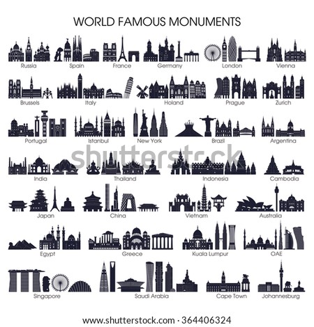 Travel and tourism background. Big set of world famous monuments. Vector illustration