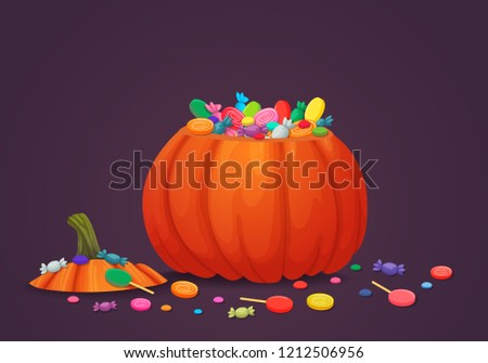 Halloween basket vector icon. Ripe orange pumpkin with top cut off with sweets inside and all around on a purple background. Autumn holiday banner, sign.