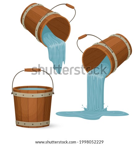 Wooden buckets with water. Liquid pouring with a splash. Cartoon style illustration. Vector.