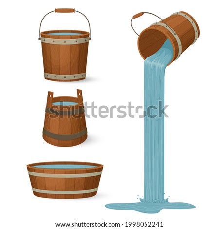 Wooden buckets and a tub filled with water. Liquid pouring with a splash. Cartoon style illustration. Vector.