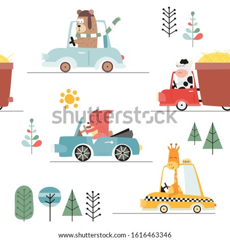 Kids transport seamless pattern with cute animals and cars. Vector Illustration. Great for baby clothes, greeting card, wrapping paper. Bear, fox, cow, giraffe.