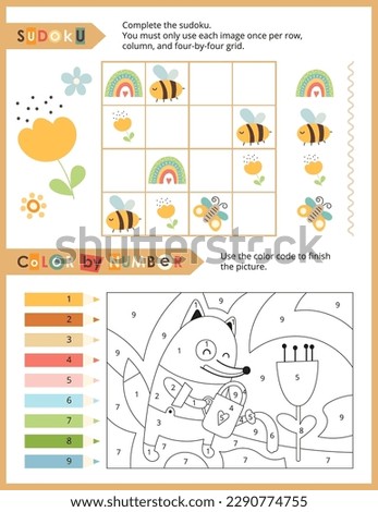 Cute Animals Activity Pages for Kids. Printable Activity Sheet with Woodland Animals Mini Games – Color by number, Sudoku. Vector illustration.