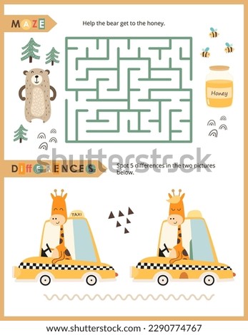 Cute Animals Activity Pages for Kids. Printable Activity Sheet with Safari Animals Mini Games – Maze, Spot 5 differences. Vector illustration.