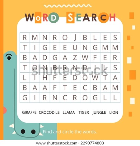 Cute Animals activities for kids. Word search game. Find the hidden words. Logic games for children. Vector illustration. Book square format. Book square format.