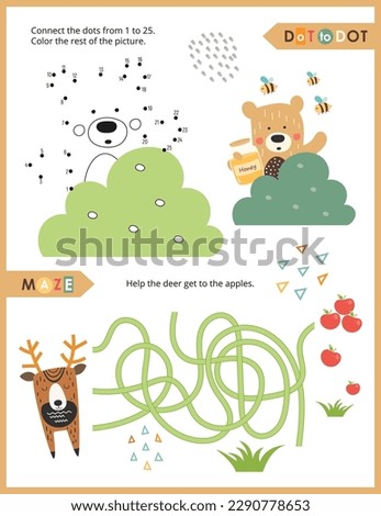Cute Animals Activity Pages for Kids. Printable Activity Sheet with Woodland Animals Mini Games – Maze, Dot to dot. Vector illustration.