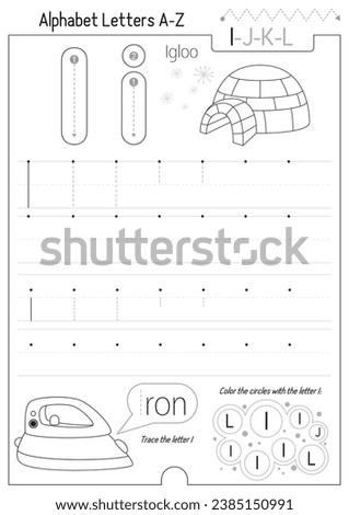 Letter Tracing Worksheet for Activity Book for kids. For Letter I upper and lower case. Preschool tracing and writing practice for toddler and teacher. Black and white Vector printable page for Exerci