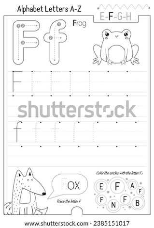 Letter Tracing Worksheet for Activity Book for kids. For Letter F upper and lower case. Preschool tracing and writing practice for toddler and teacher. Black and white Vector printable page for Exerci