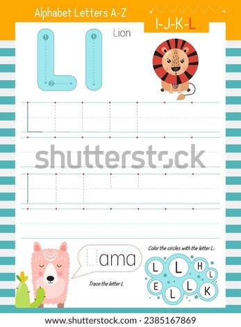 Letter Tracing Worksheet for Activity Book for kids. For Letter L upper and lower case. Preschool tracing and writing practice for toddler and teacher. Vector printable page for Exercise book. 