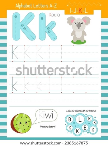 Letter Tracing Worksheet for Activity Book for kids. For Letter K upper and lower case. Preschool tracing and writing practice for toddler and teacher. Vector printable page for Exercise book. 