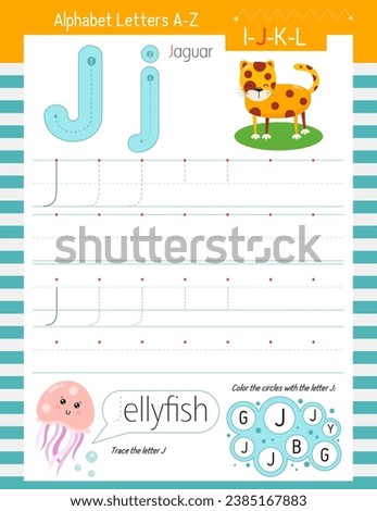 Letter Tracing Worksheet for Activity Book for kids. For Letter J upper and lower case. Preschool tracing and writing practice for toddler and teacher. Vector printable page for Exercise book. 