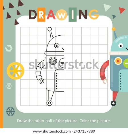 Cute Robots activities for kids. Finish the picture – Robot. Logic games for children. Square Coloring page. Vector illustration.